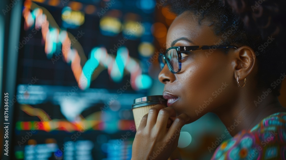 Businesswoman, computer, and coffee cup with stock market analysis, crypto audit, or finance information. Espresso latte, face, and broker evaluate trade, sales, and feedback numbers. Businesswoman, computer, and coffee cup with stock market analysis, crypto audit, or finance information. Espresso latte, face, and broker evaluate trade, sales, and feedback numbers.