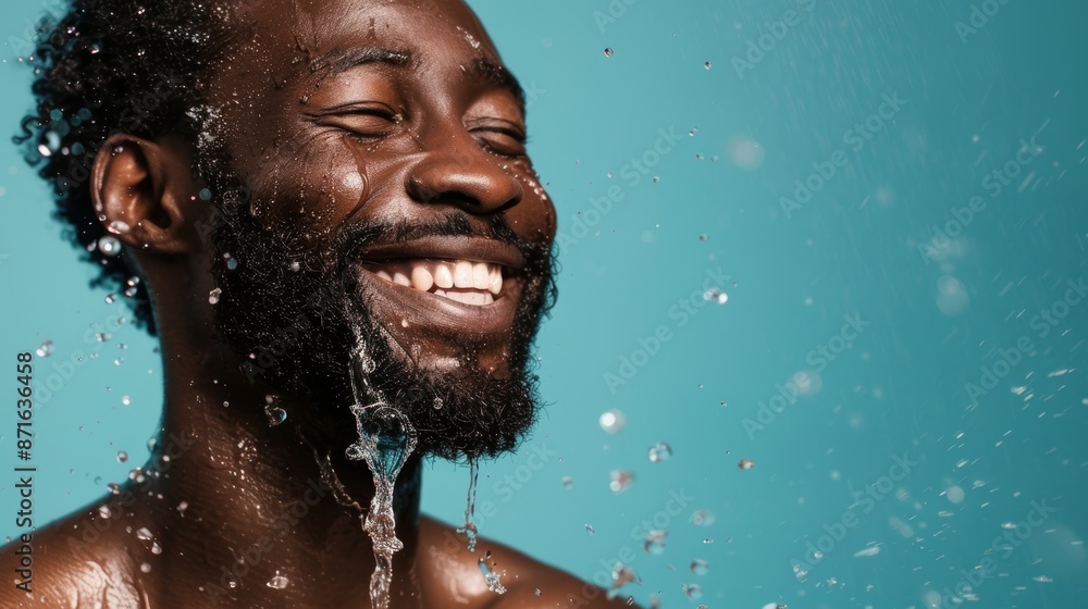 Blue background, happy black man with face and water splash in studio for washing, self-care, and headshot makeup. Water drops, bathing, skincare, and facial body beauty for men Blue background, happy black man with face and water splash in studio for washing, self-care, and headshot makeup. Water drops, bathing, skincare, and facial body beauty for men