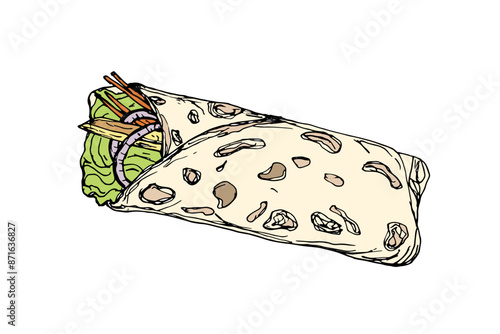 Burrito with vegetables and lettuce leaves isolated on white background. Sketch illustration of food, snack, Twister in flapjack, lavash.