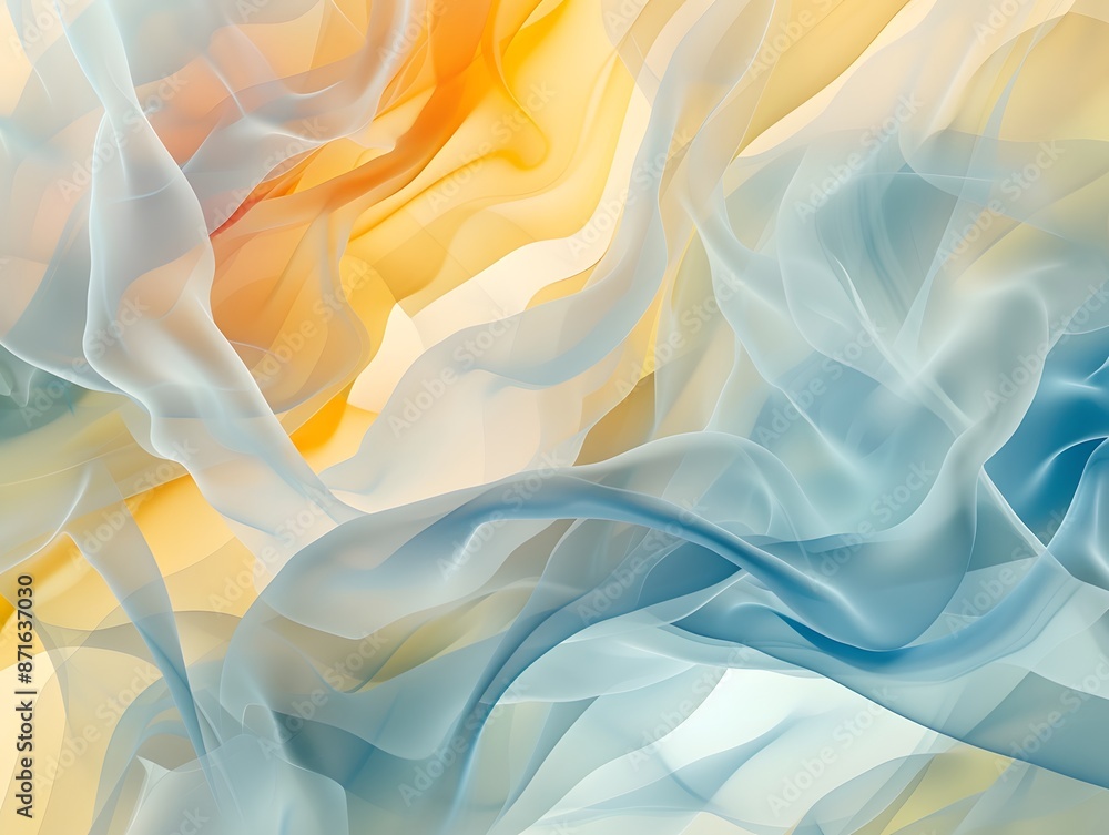 Obraz premium Translucent flying blue and yellow fabric with folds and waves overlapping each other