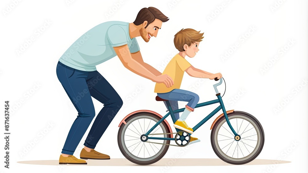 father teaching his child to ride a bike, side view father teaching his child to ride a bike, side view
