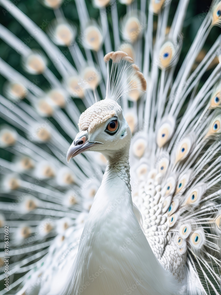 Fototapeta premium White Peacock (Close-up), Beautiful white bird feathers. Amazing white peacock beauty of a wild animals.