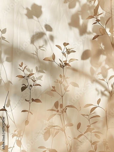 Beige faded plants casting delicate shadows on crumpled light fabric
