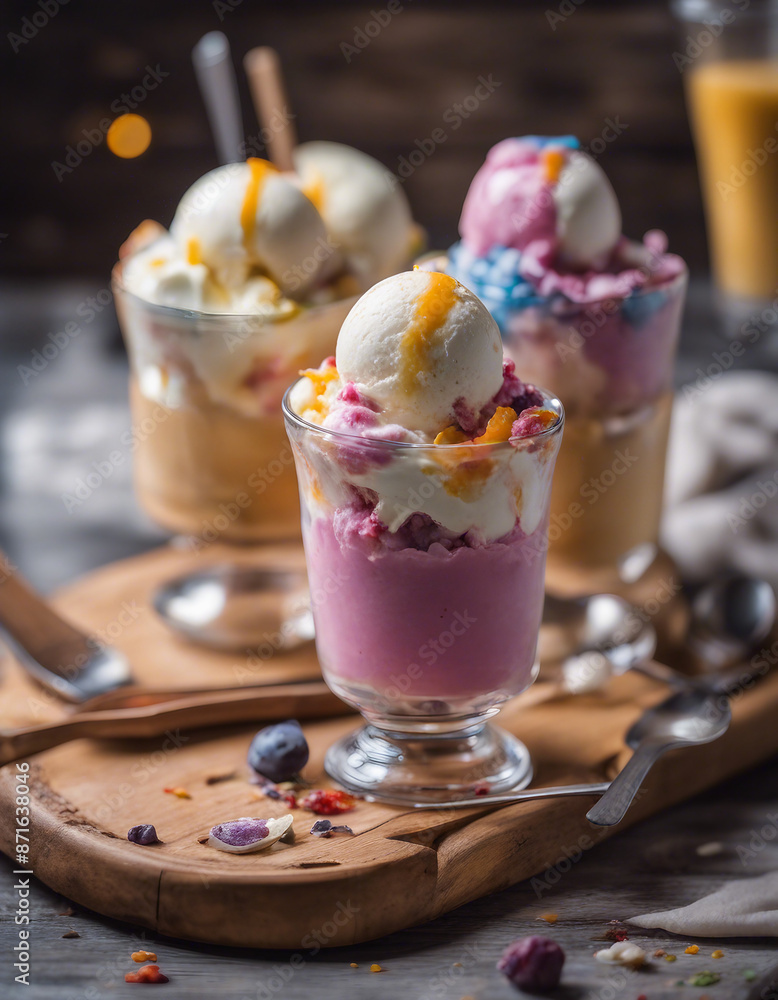 Sundae-style ice cream treat, composed of multiple vibrant flavors, presented in a glass vessel on a wooden board Sundae-style ice cream treat, composed of multiple vibrant flavors, presented in a glass vessel on a wooden board