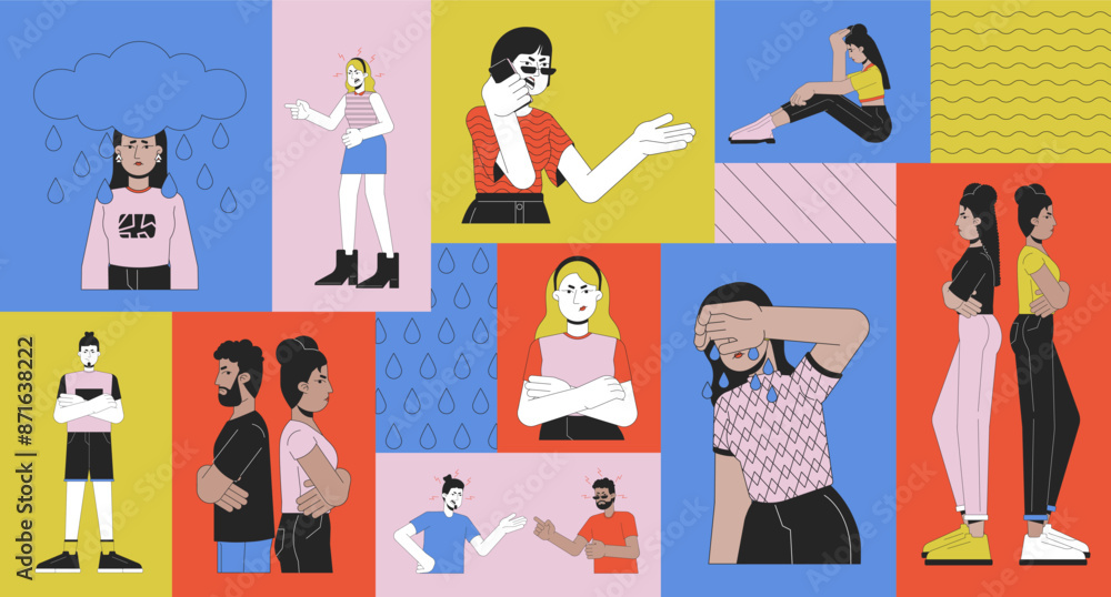 Irritated frustrated emotions bento grid illustration set. Quarrel anger depression 2D vector image collage design graphics collection. Unhappy people diverse flat characters moodboard layout Irritated frustrated emotions bento grid illustration set. Quarrel anger depression 2D vector image collage design graphics collection. Unhappy people diverse flat characters moodboard layout
