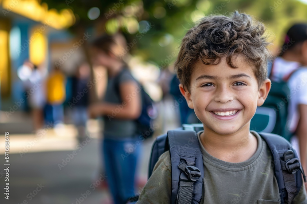 Portrait of cute hispanic boy with backpack outside of school Portrait of cute hispanic boy with backpack outside of school
