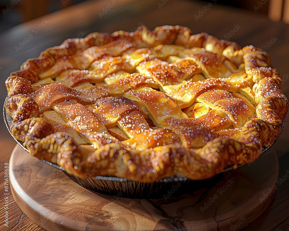 Closeup of Classic American Apple Pie with Warm and Inviting Highlights on the Flaky Golden Crust Closeup of Classic American Apple Pie with Warm and Inviting Highlights on the Flaky Golden Crust