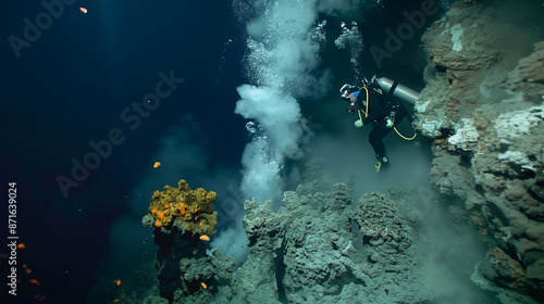 Marine cute biologist collecting samples near a hydrothermal vent on the seafloor while exotic deep-sea creatures hover around.