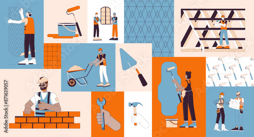 Diverse builders contractors bento grid illustration set. Hardhat wear people 2D vector image collage design graphics collection. Renovation construction workers flat characters moodboard layout