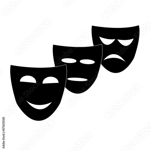 Trois masque de scène, un souriant, un normal et un triste sur fond blanc