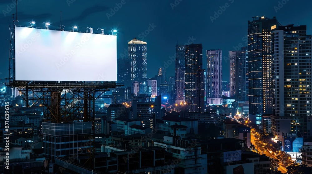 Blank billboard on a high-rise rooftop at night, showcasing your brand against a city skyline Blank billboard on a high-rise rooftop at night, showcasing your brand against a city skyline