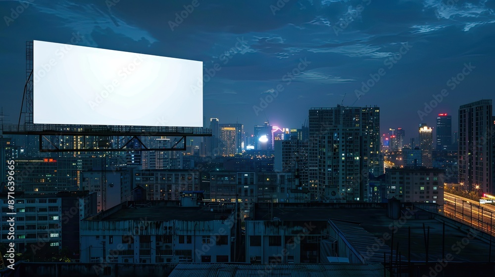 Blank billboard on a high-rise rooftop at night, showcasing your brand against a city skyline Blank billboard on a high-rise rooftop at night, showcasing your brand against a city skyline
