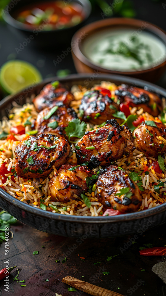 Fototapeta premium Flavorful Chicken Biryani with Grilled Pieces, Herbs, and Spices in a Dark Rustic Setting, Gourmet Indian Cuisine, Ideal for Food Lovers and Culinary Enthusiasts