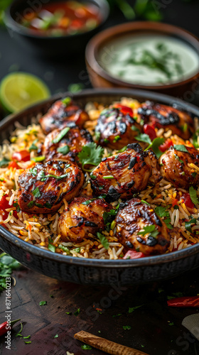 Flavorful Chicken Biryani with Grilled Pieces, Herbs, and Spices in a Dark Rustic Setting, Gourmet Indian Cuisine, Ideal for Food Lovers and Culinary Enthusiasts