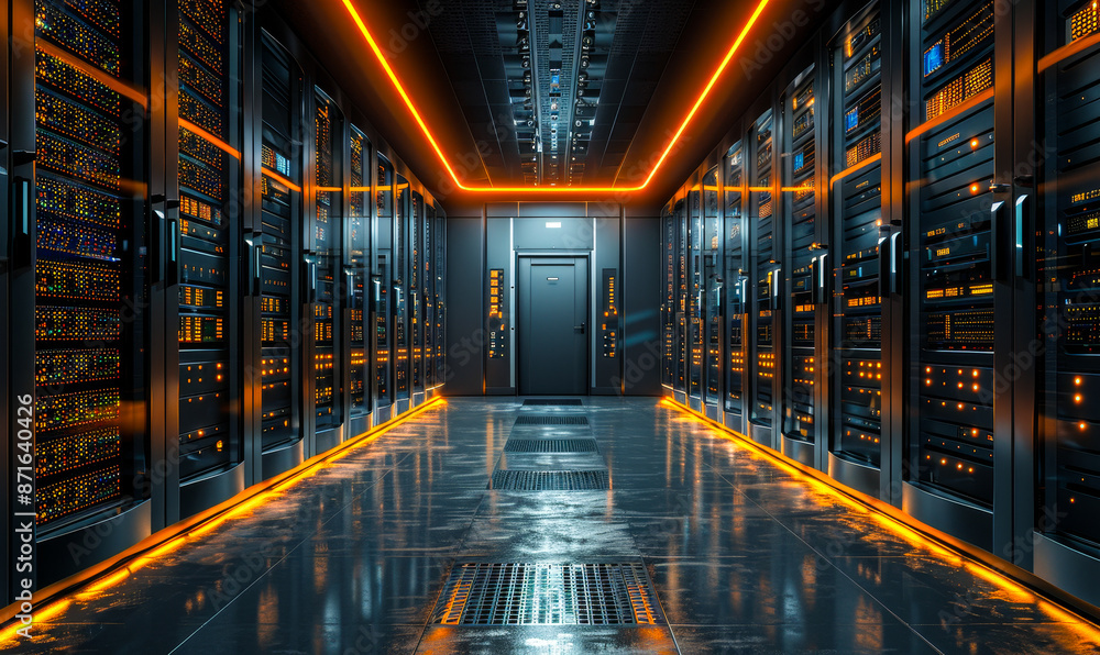 High-Tech Data Center Corridor with Rack Servers and Supercomputers Illuminated by Neon Lights, Internet Connection Visualization, Modern Technology, Network Infrastructure at Night High-Tech Data Center Corridor with Rack Servers and Supercomputers Illuminated by Neon Lights, Internet Connection Visualization, Modern Technology, Network Infrastructure at Night