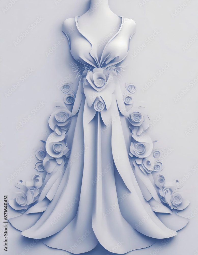A white wedding gown, a onepiece garment made of silk, is elegantly displayed on a mannequin with flowers in the background A white wedding gown, a onepiece garment made of silk, is elegantly displayed on a mannequin with flowers in the background