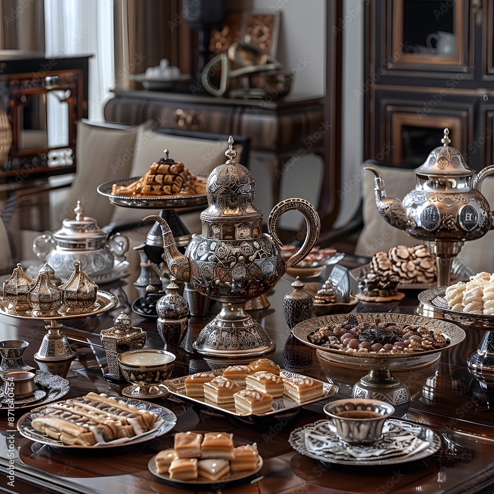 Elegant Tea Time Setting with Silverware and Sweets Elegant Tea Time Setting with Silverware and Sweets