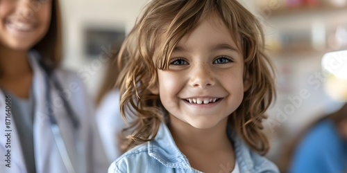 Happy child at clinic with family smiling copy space closeup shot. Concept Family, Child, Healthcare, Smiling, Clinic