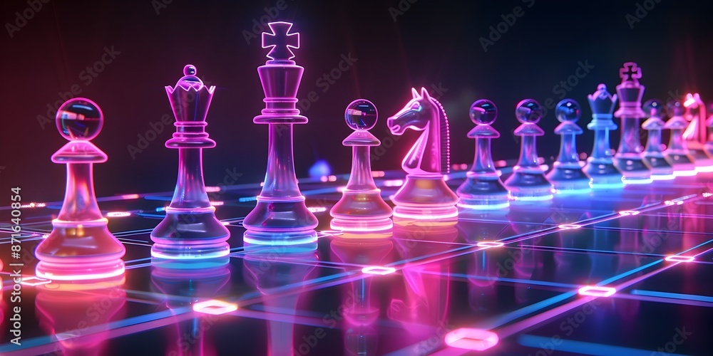 Neon Chessboard with Illuminated Chess Pieces Strategic and Intellectual Game Concept for Educational and Product Displays Neon Chessboard with Illuminated Chess Pieces Strategic and Intellectual Game Concept for Educational and Product Displays