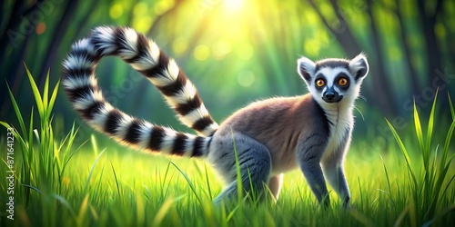 Adorable cartoon ring-tailed lemur stands proudly on a vibrant green meadow, showcasing its distinctive tail and playful demeanor in a whimsical African animal illustration.