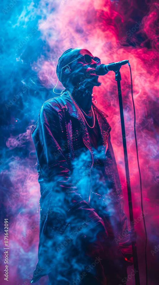 Obraz premium Dynamic Rap Artist Performing Live on Stage with Vibrant Pink and Blue Smoke Effects at Night Hip Hop Concert
