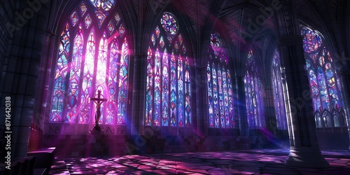 Shadows dance across the Gothic chapel bathed in ethereal stainedglass hues