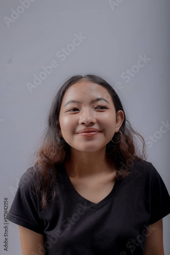 Beauty Asian Woman Portrait with Curly Long Hair 