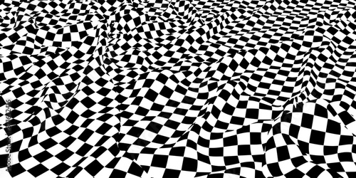 Abstract vector background  wavy surface with curve pattern  black squares. Black checkers isolated on white.