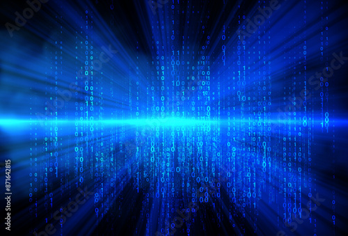 Vector digital code rain with light rays background in a matrix inspired futuristic style. High-tech backdrop with glowing binary characters