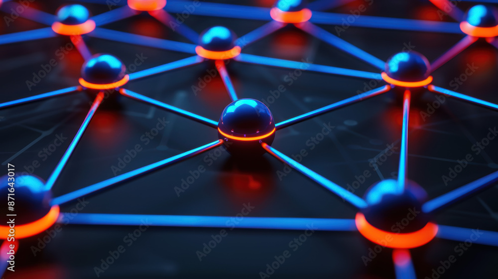 A close up of a blue and red network of spheres A close up of a blue and red network of spheres