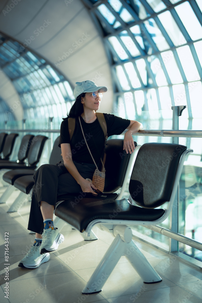 Efficient Airport Travel, Asian Woman Passes Through Terminal with Happy Vacation Spirit, Journey of Business Leisure, Carrying Smartphone and Suitcase for Flight, Holiday Maker's Arrival and Departur Efficient Airport Travel, Asian Woman Passes Through Terminal with Happy Vacation Spirit, Journey of Business Leisure, Carrying Smartphone and Suitcase for Flight, Holiday Maker's Arrival and Departur