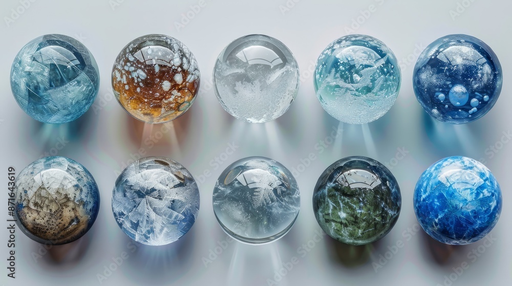 Collection of stylized ice spheres on a white surface Collection of stylized ice spheres on a white surface