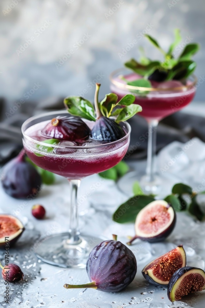 Refreshing Fig Smoothie in Glass Cups on Textured Background Refreshing Fig Smoothie in Glass Cups on Textured Background