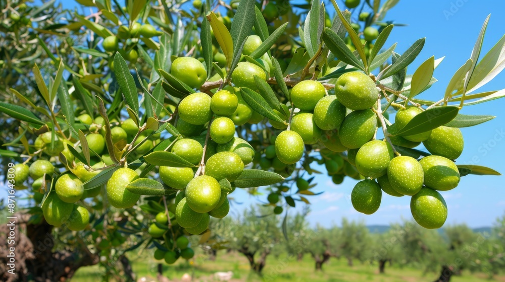 Olive tree branch with ripe olives in sunny orchard Olive tree branch with ripe olives in sunny orchard
