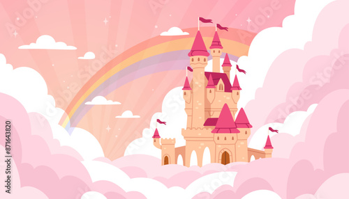 Pink castle in clouds. Cartoon magic flying fairy palace for princess. Kingdom home tower in clouds on land in sky. Fabulous magic building landscape. Vector background
