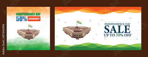 vector illustration of 15th August india Happy Independence Day 50% off sale offer social media banner with abstract grunge watercolor background