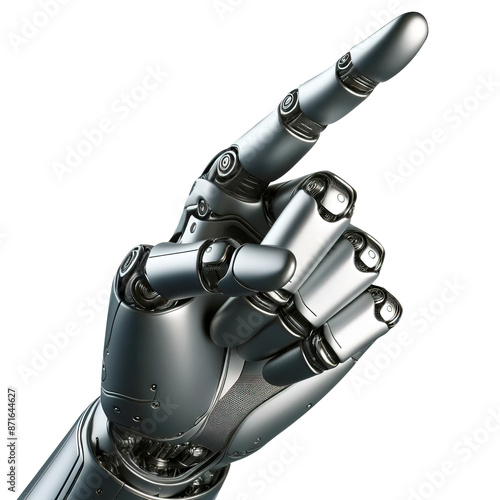 A robot hand with an index finger extended up and to the right on a transparent background