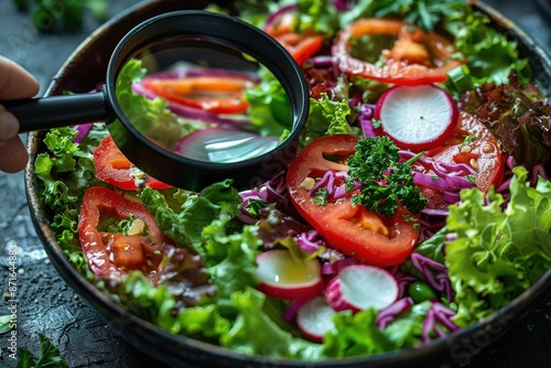 A hand holds a magnifying glass over a vibrant and fresh salad bowl, containing tomatoes, radishes, lettuce, and other greens, highlighting the detail and freshness. photo