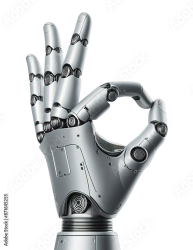 A robot hand turned to the right shows the ok sign with its fingers on a transparent background