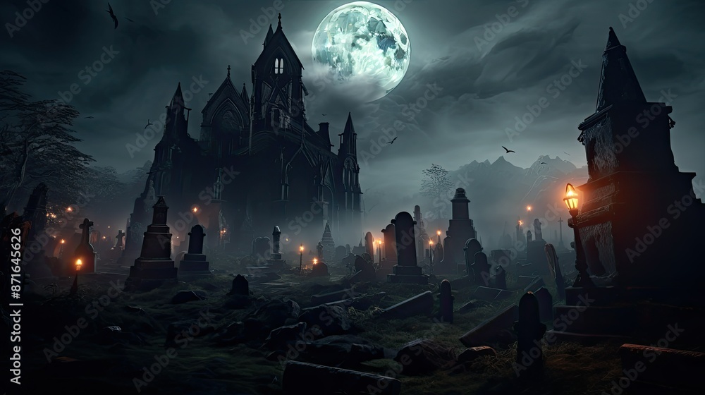 Graveyard cemetery to castle In Spooky scary dark Night full moon Graveyard cemetery to castle In Spooky scary dark Night full moon