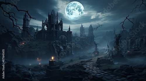 Graveyard cemetery to castle In Spooky scary dark Night full moon