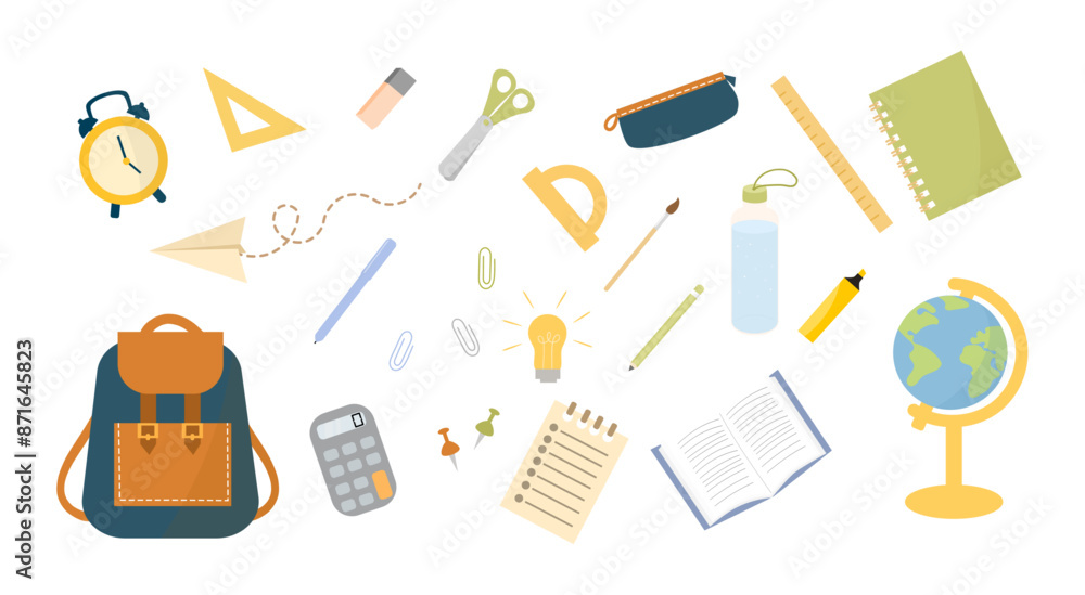 Back to school concept. Set of school supplies, accessories and tools. Stationery, calculator, rulers, pencil, globe and children backpack. Vector flat illustration in hand drawn style. Back to school concept. Set of school supplies, accessories and tools. Stationery, calculator, rulers, pencil, globe and children backpack. Vector flat illustration in hand drawn style.