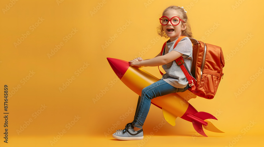 Happy child with backpack pretending to ride a rocket against yellow background. Imagination, fun, and adventure concept. Happy child with backpack pretending to ride a rocket against yellow background. Imagination, fun, and adventure concept.