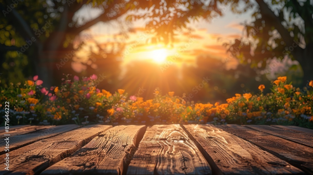 Wooden table against sunset and flowers Wooden table against sunset and flowers