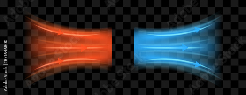 Hot and cold air flow with arrows indicating the direction of air movement on a transparent background. Abstract air light effects to visualize air flow from an air cooler
