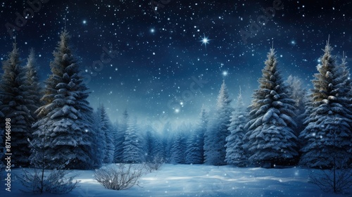 Snow covered christmas tree in winter forest with copy space at night