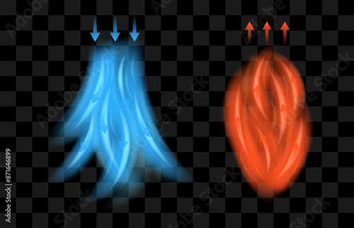 Cold and hot air flow with arrows indicating the direction of air movement on a transparent background. Abstract air light effects to visualize air flow from a ventilator