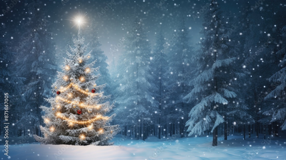 Snow covered christmas tree in winter forest with copy space at night Snow covered christmas tree in winter forest with copy space at night