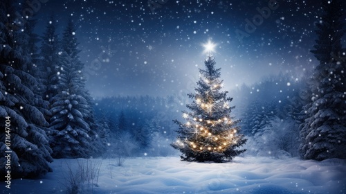 Snow covered christmas tree in winter forest with copy space at night