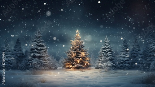 Fototapeta Naklejka Na Ścianę i Meble -  Snow covered christmas tree in winter forest with copy space at night